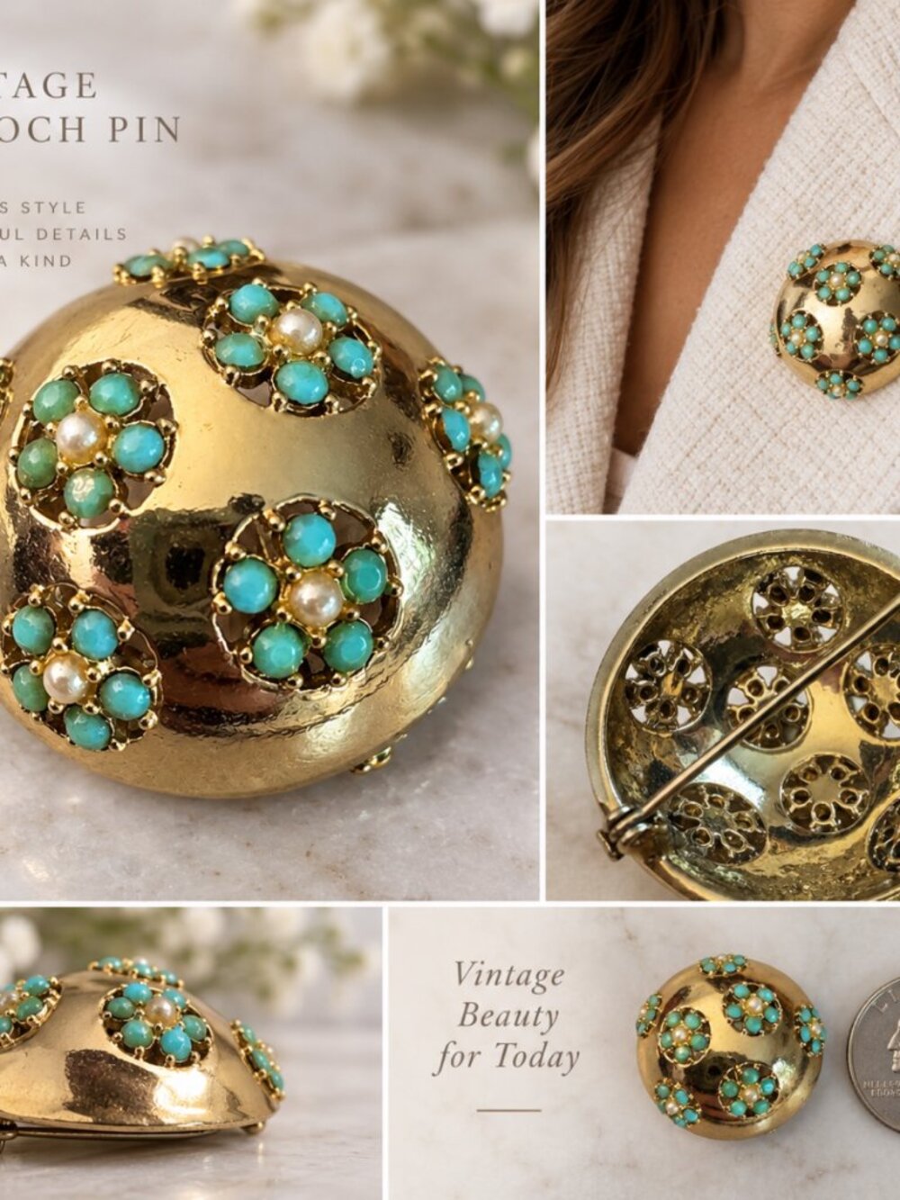✨💙VTG 1960s Women's Gold Turquoise Floral Gem Dome Brooch Pin